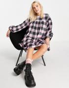 Asos Design Oversized Long Sleeve Smock Dress With Tie Back In Large Pink Gingham Print