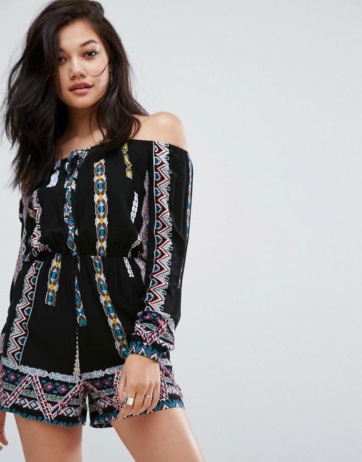 Prettylittlething Printed Bardot Romper - Black