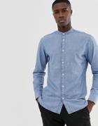 Selected Homme Slim Shirt With Grandad Collar In Organic Cotton - Blue