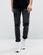 Asos Skinny Jeans In Vintage Washed Black With Rip And Repair - Black