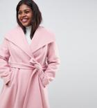 Asos Design Curve Waterfall Collar Coat With Tie Belt - Pink