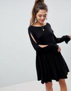 Asos Design Smock Dress With V Back And Split Sleeve-black