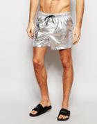 Asos Short Length Swim Shorts In Metallic Silver - Silver