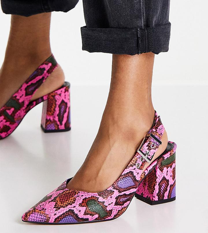 Asos Design Wide Fit West Slingback Block Heel Shoes In Pink Snake