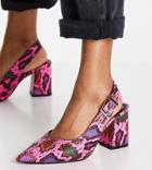 Asos Design Wide Fit West Slingback Block Heel Shoes In Pink Snake