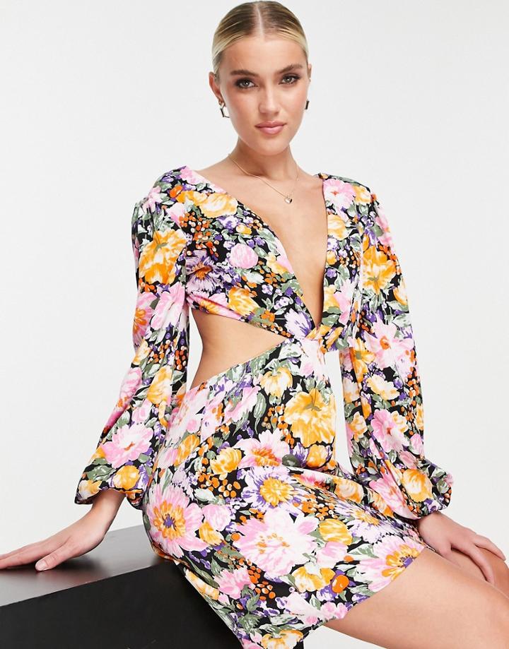 Love Triangle Long Sleeve Mini Dress With Open Back In Dark Floral-multi