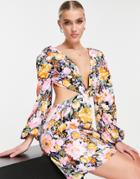 Love Triangle Long Sleeve Mini Dress With Open Back In Dark Floral-multi
