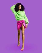 Asos Design Satin Jacquard Mini Skirt With Super High Slit & Ruching In Pink