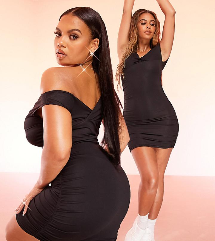 Asos Luxe Off Shoulder Ruched Mini Dress In Black