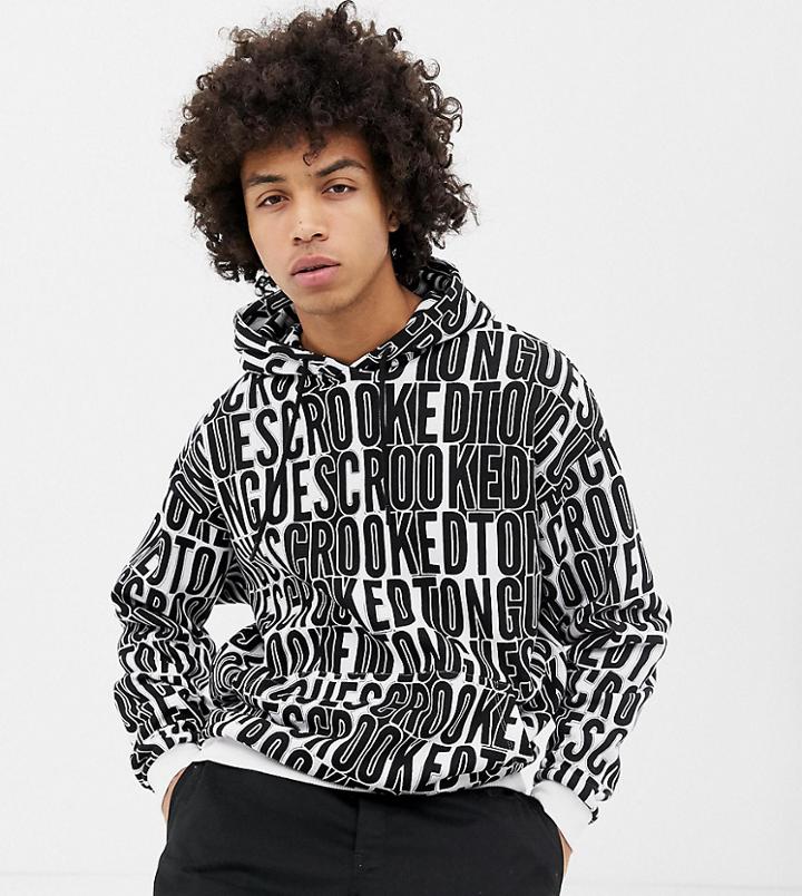 Crooked Tongues Oversized Hoodie With Repeat Logo Print - Black