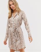 Influence Shirt Dress With Tie Waist In Snake Print - Multi