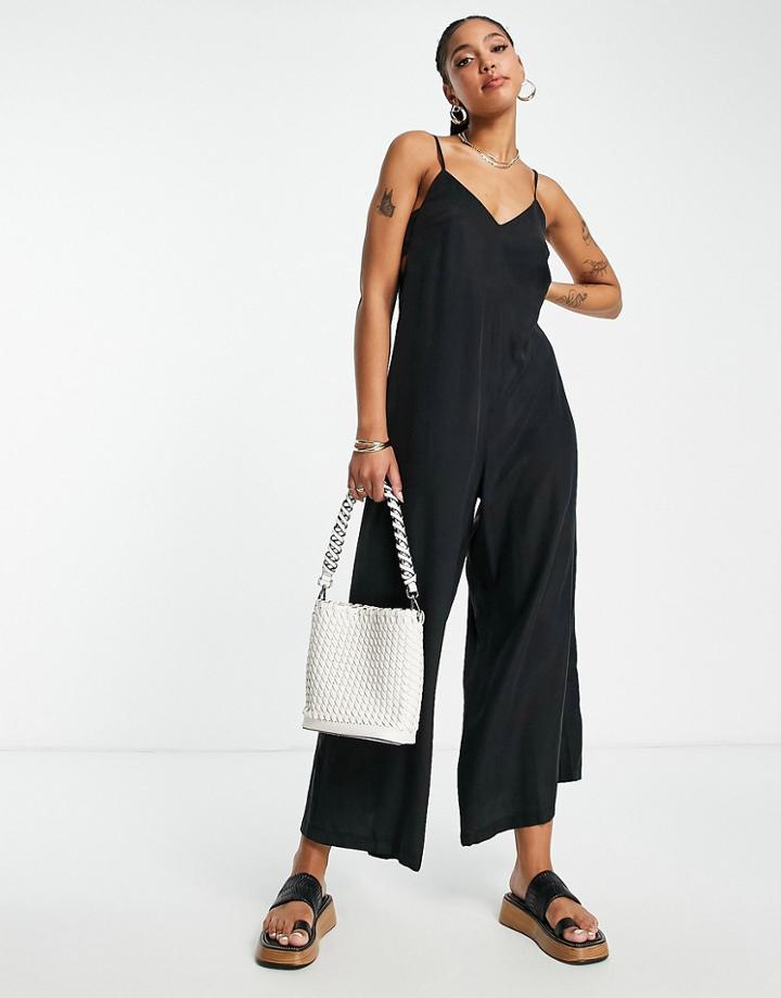 Topshop Cami Wide Leg Jumpsuit With Open Back In Black-green