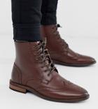 Asos Design Wide Fit Brogue Boots In Brown Leather With Natural Sole
