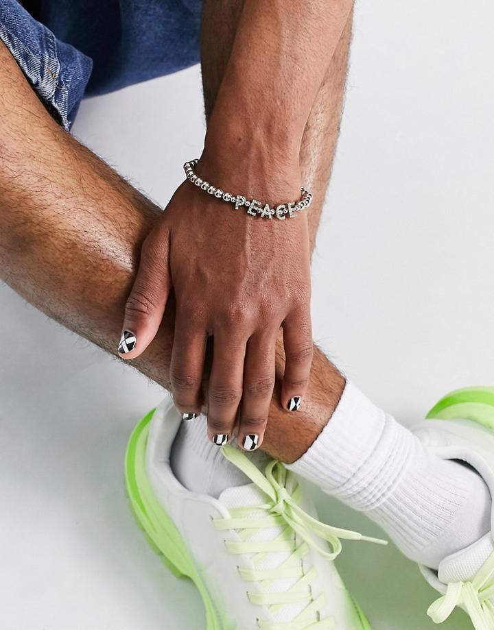 Asos Design Festival Metal Beaded Bracelet With Peace Wording In Silver Tone