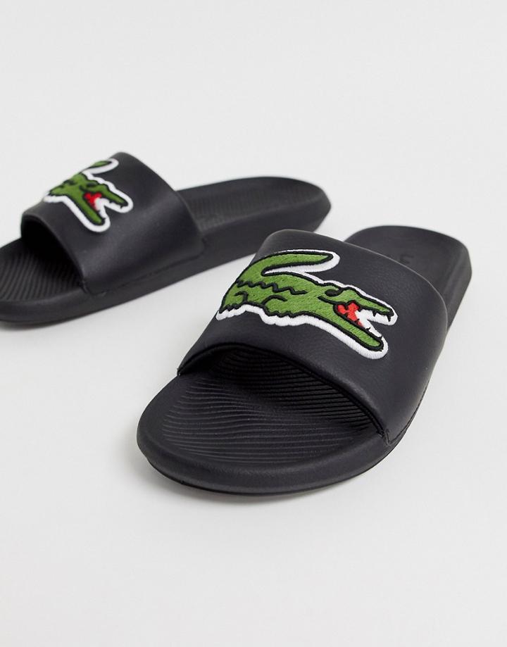 Lacoste Croco Slides With Large Logo In Black