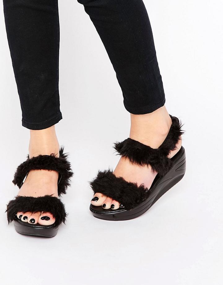 Yru Flatform Wedge Faux Fur Strap Sandals - Black