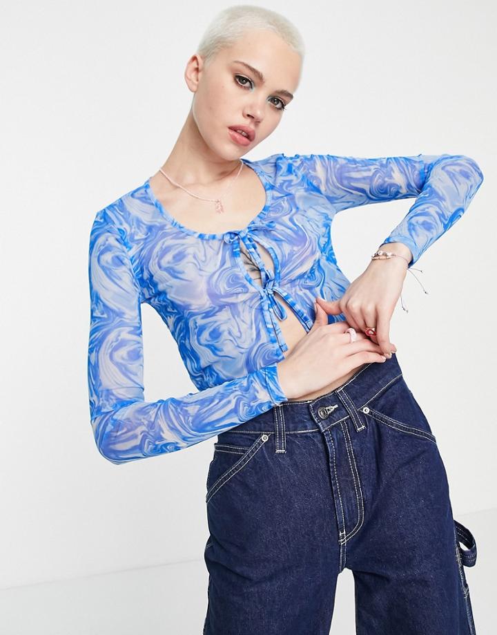 Noisy May Mesh Tie Front Cardigan In Blue Marble Print