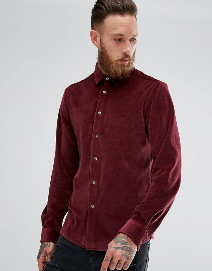 Asos Regular Fit Velour Shirt In Burgundy - Red