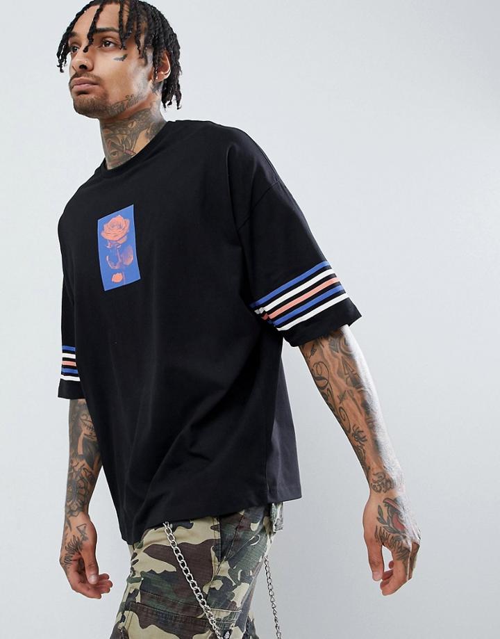 Asos Design Oversized T-shirt With Rose Print And Striped Sleeves - Black