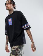 Asos Design Oversized T-shirt With Rose Print And Striped Sleeves - Black
