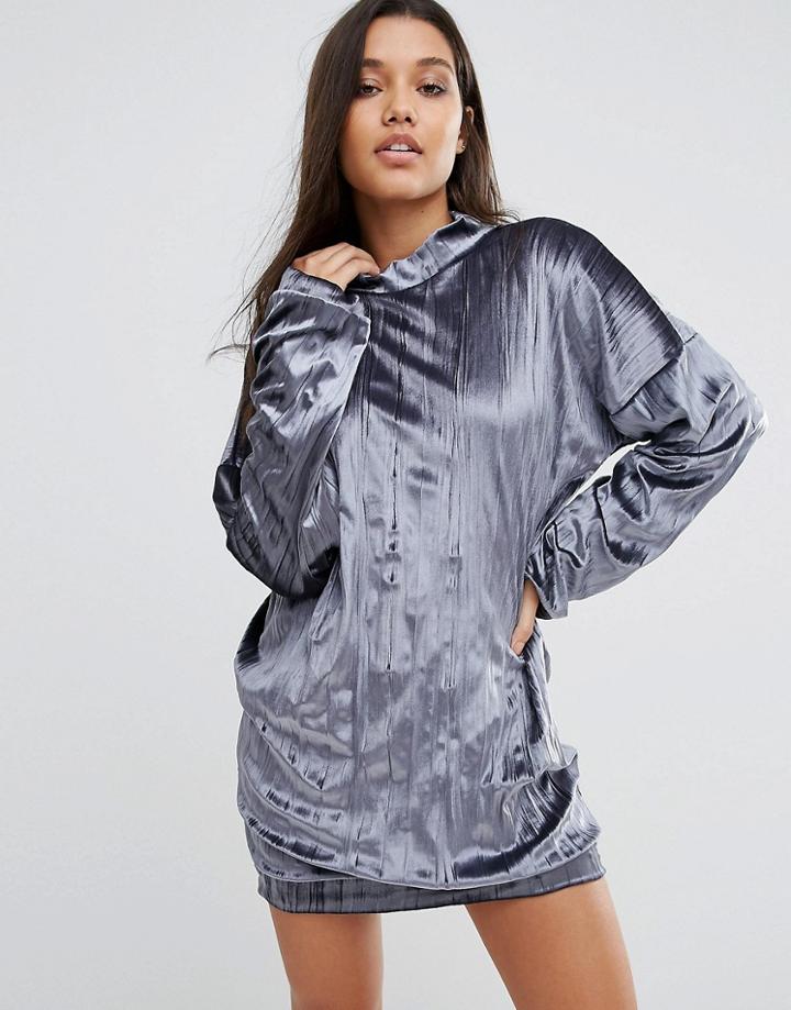 Missguided Pleated Velvet Oversized Dress - Gray