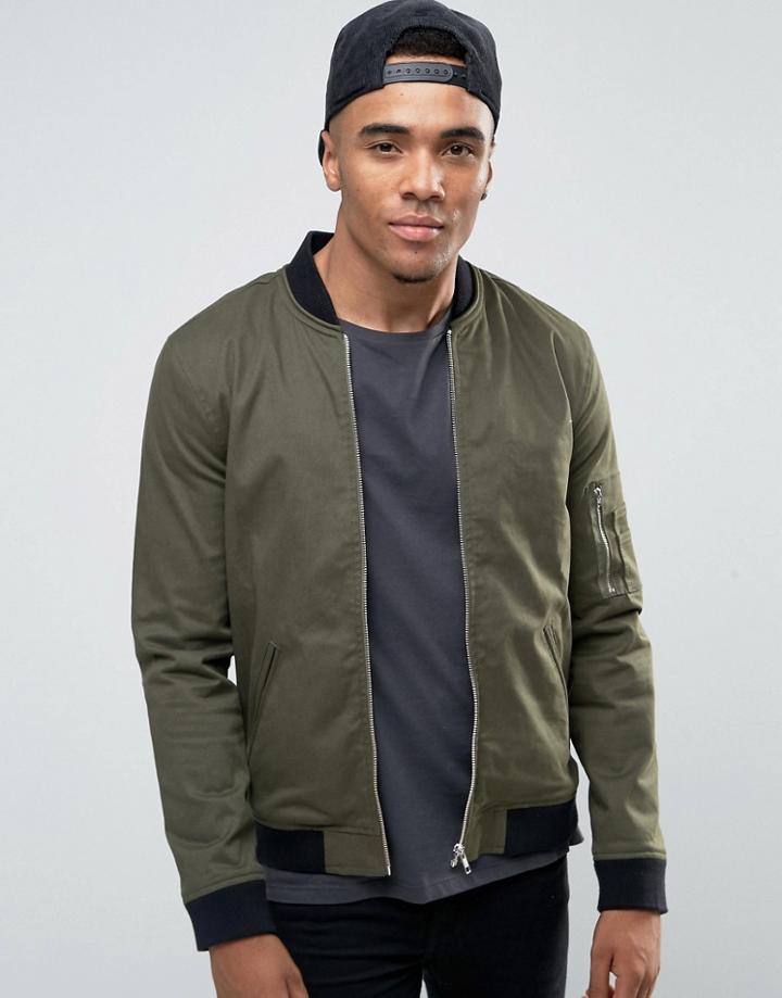 Asos Muscle Fit Bomber Jacket With Ma1 Pocket In Khaki - Green