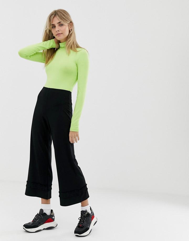 Asos Design Cropped Wide Leg Pants With Ruffle Hem - Black