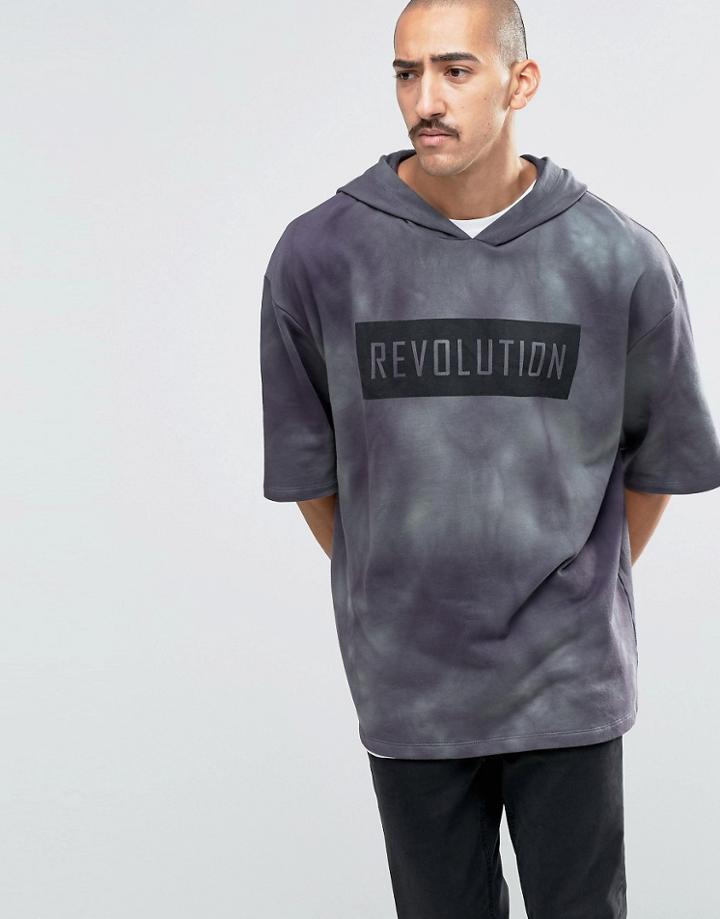 Asos Oversized Longline Tie Dye Short Sleeve Hoodie With Print - Blue