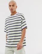 Asos Design Organic Cotton Oversized T-shirt With Bright Retro Stripe-white