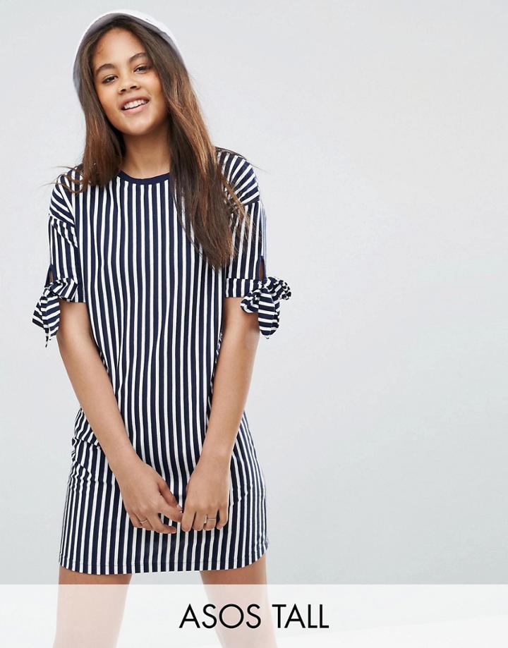 Asos Tall T-shirt Dress In Stripe With Bow Sleeve - Multi