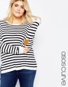 Asos Curve Stripe Sweater With Star Elbow Patch - Navy