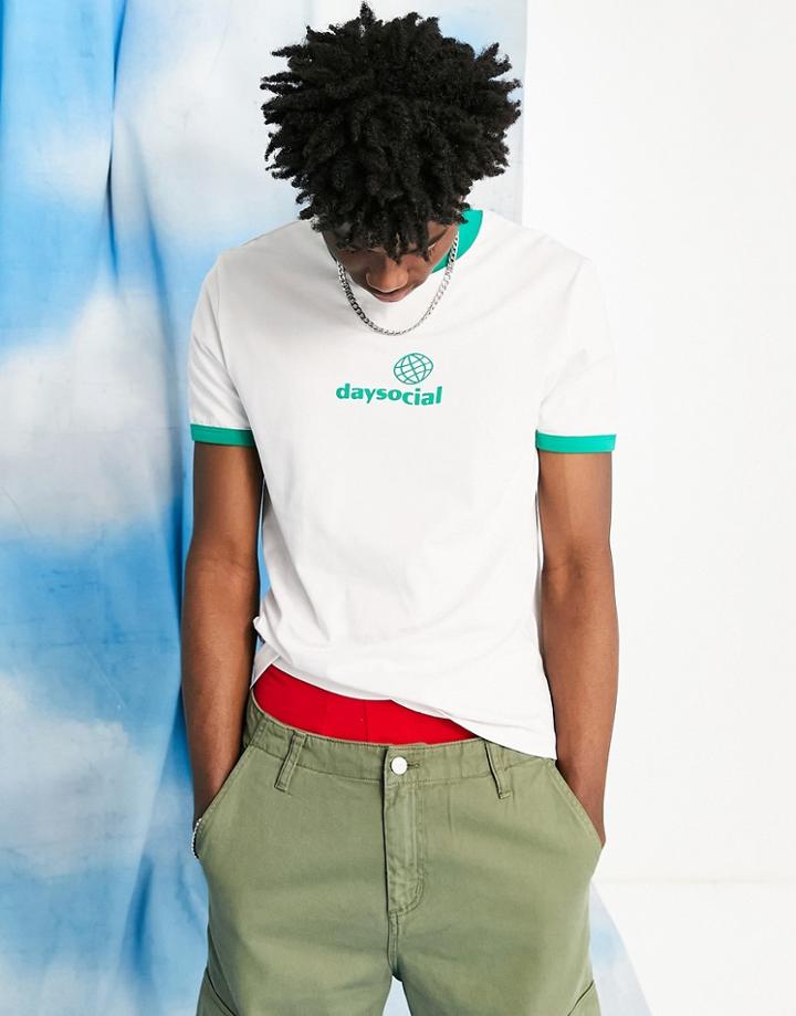 Asos Daysocial Unisex Shrunken Fit Ringer T-shirt With Logo Print In White