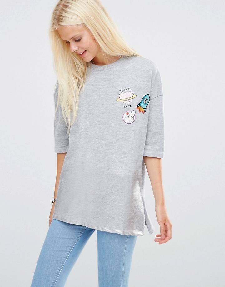Daisy Street Sweat Top With Metallic Hem And Patches - Gray