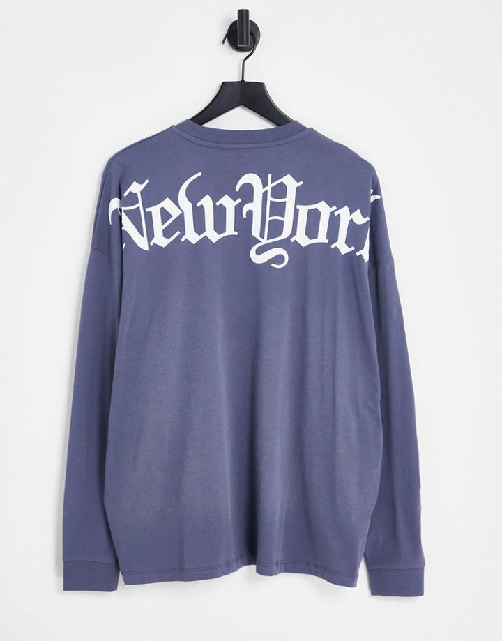 Asos Design Oversized Long Sleeve T-shirt In Blue With New York City Back Print