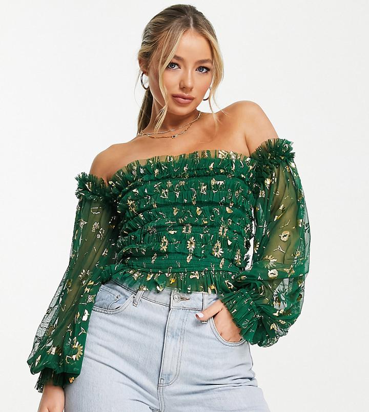 Lace & Beads Exclusive Off-shoulder Tulle Top In Emerald Green Zodiac