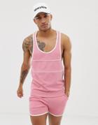 Asos Design Two-piece Tank With Extreme Racer Back In Polytricot With Piping In Pink - Pink