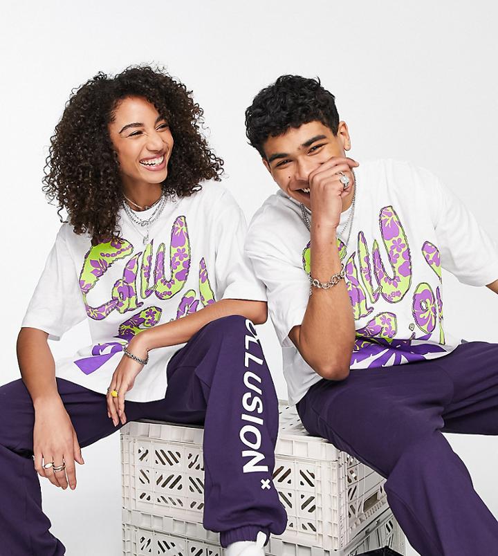 Collusion Unisex Beach T-shirt With Back Print-white