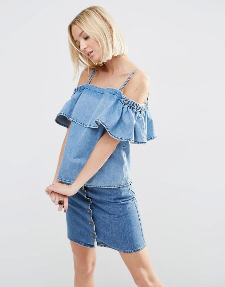 Asos Denim Off Shoulder Ruffle Top - Mid Blue Wash