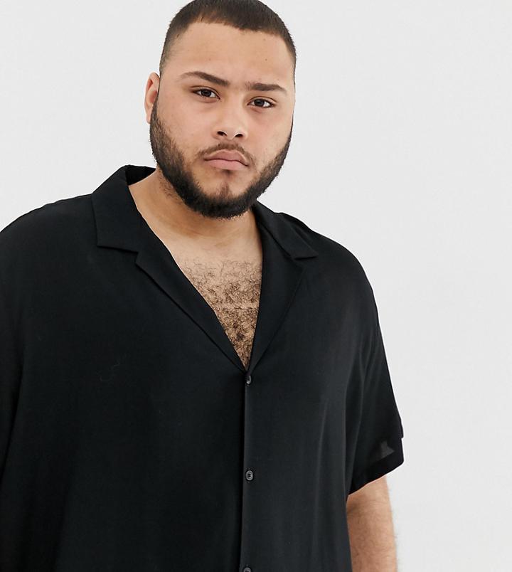 Asos Design Plus Relaxed Viscose Shirt With Low Revere Collar In Black - Black