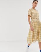 Ghospell Button Through Shirt Dress With Drawstring Waist And Full Skirt In Sheer-yellow