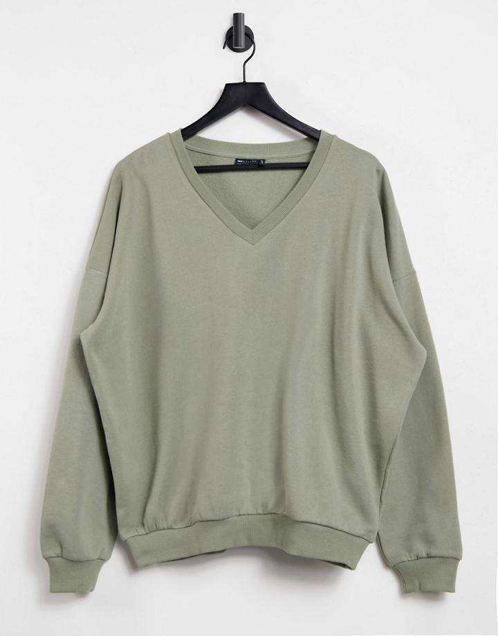 Asos Design Oversized Sweatshirt With Drop V Neck In Khaki-green