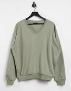 Asos Design Oversized Sweatshirt With Drop V Neck In Khaki-green