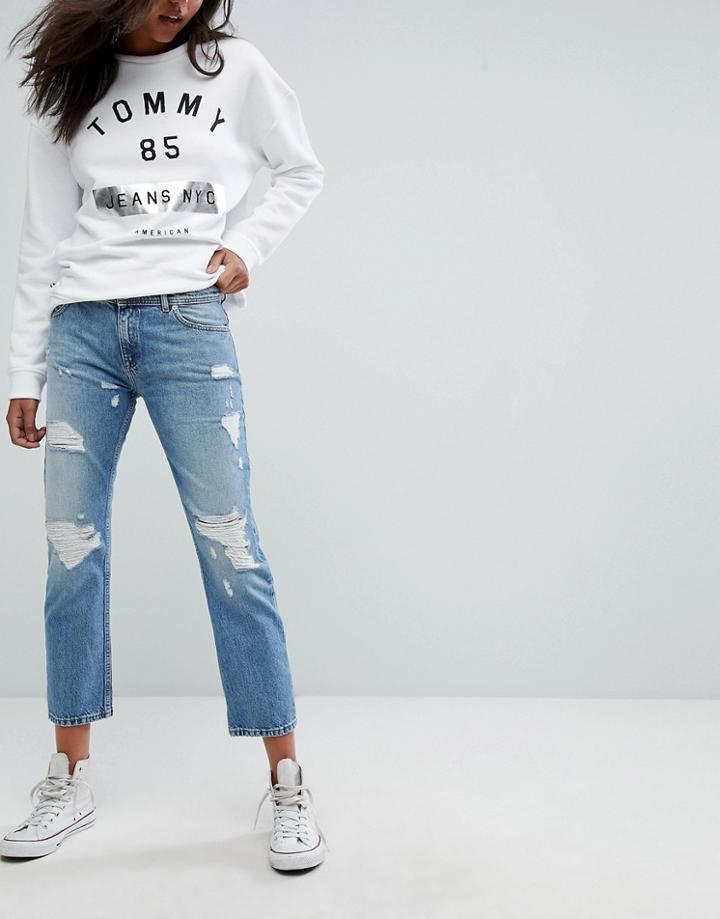 Tommy Jeans Lana Mid Rise Cropped Straight Leg Jean With Rips - Blue