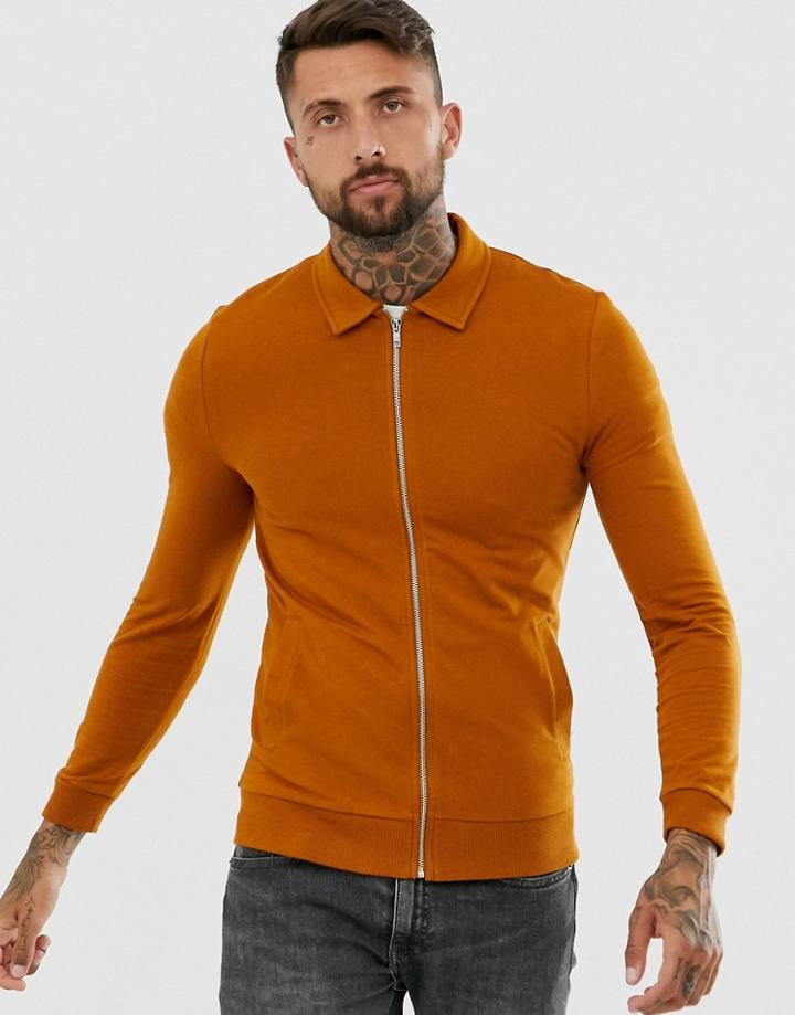 Asos Design Muscle Jersey Harrington Jacket In Dark Orange-brown