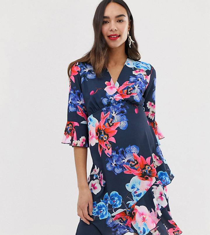 Blume Maternity Wrap Front Midi Tea Dress In Blue Floral