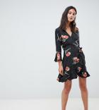 Influence Tall Floral And Polka Dot Frill Wrap Dress - Black