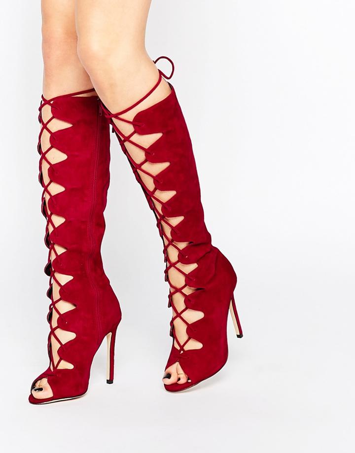 Aldo Ladosa Suede High Leg Lace Up Sandal Boots - Raspberry Red