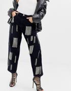 Asos Design Carpenter Boyfriend Jeans In Clean Indigo With Rhinestone Tassel Detail - Blue