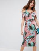 Asos Halter Bardot Tropical Print Pencil Midi Dress - Multi