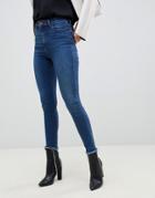 Asos Design Ridley High Waist Skinny Jeans In Dark Blue With Red Contrast Stitching - Blue